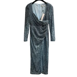 Badgley Mischka Dress 4 Teal Multi Sequin Draped Long‎ Sleeve High Slit Midi